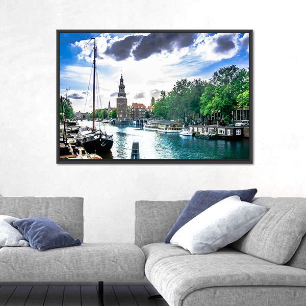 View On Canal And Traditional Buildings In Amsterdam Canvas Wall Art-3 Horizontal-Gallery Wrap-25" x 16"-Tiaracle