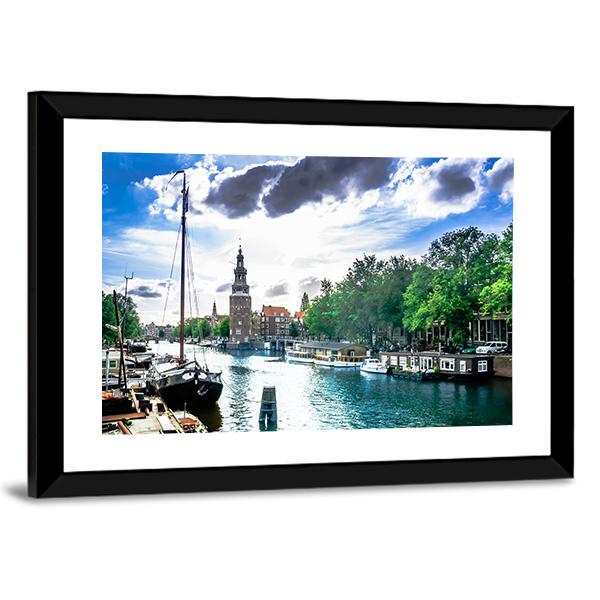 View On Canal And Traditional Buildings In Amsterdam Canvas Wall Art-3 Horizontal-Gallery Wrap-25" x 16"-Tiaracle