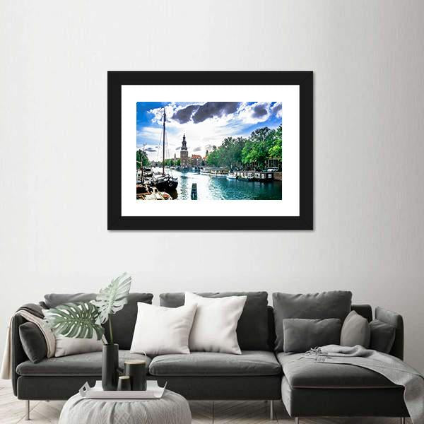 View On Canal And Traditional Buildings In Amsterdam Canvas Wall Art-3 Horizontal-Gallery Wrap-25" x 16"-Tiaracle