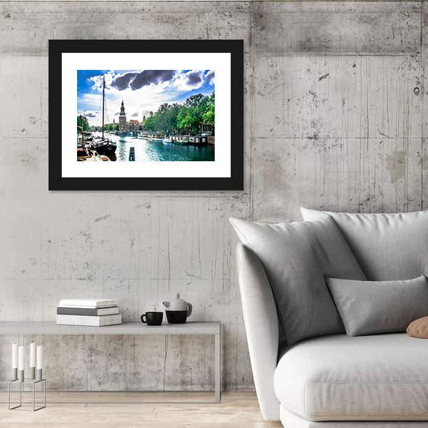 View On Canal And Traditional Buildings In Amsterdam Canvas Wall Art-3 Horizontal-Gallery Wrap-25" x 16"-Tiaracle