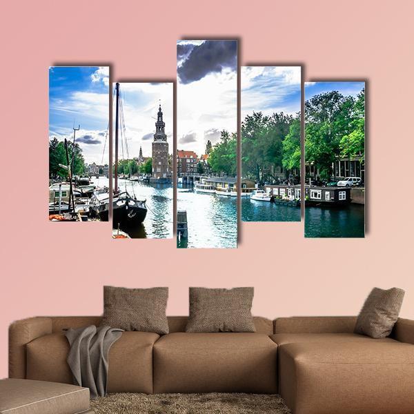 View On Canal And Traditional Buildings In Amsterdam Canvas Wall Art-5 Pop-Gallery Wrap-47" x 32"-Tiaracle