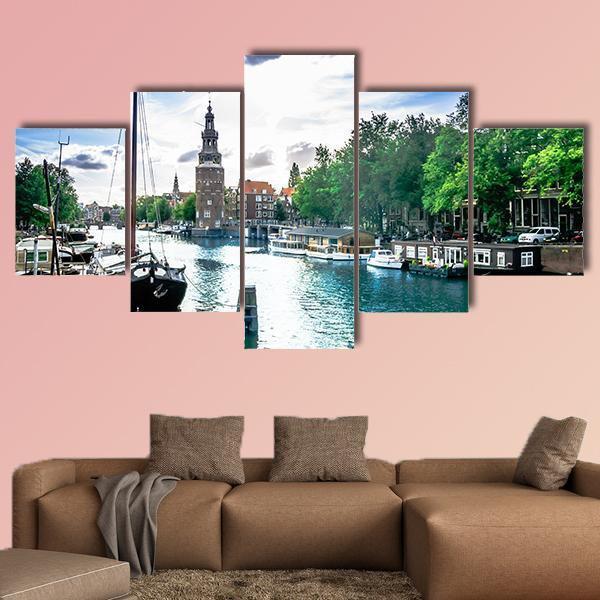 View On Canal And Traditional Buildings In Amsterdam Canvas Wall Art-5 Star-Gallery Wrap-62" x 32"-Tiaracle