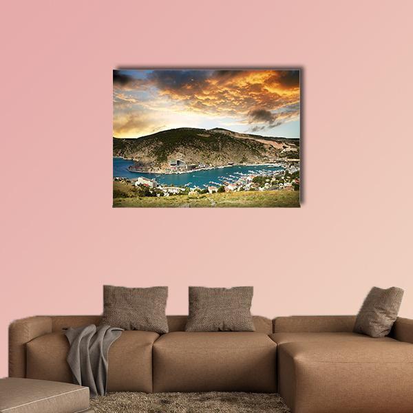 View On The Seascape With Mountains Canvas Wall Art-1 Piece-Gallery Wrap-48" x 32"-Tiaracle