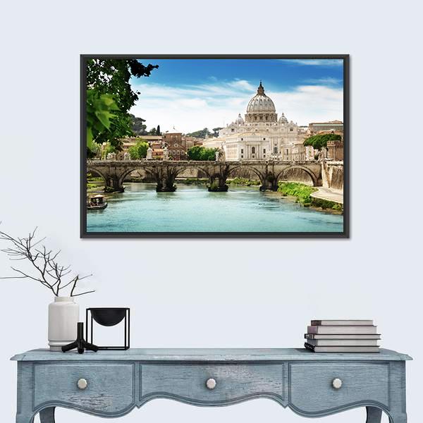 View On Tiber And St Peter Basilica In Vatican Canvas Wall Art-1 Piece-Floating Frame-36" x 24"-Tiaracle