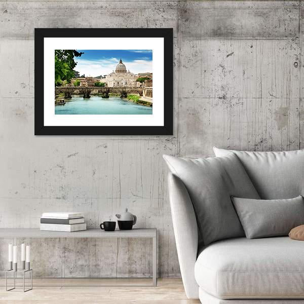 View On Tiber And St Peter Basilica In Vatican Canvas Wall Art-3 Horizontal-Gallery Wrap-25" x 16"-Tiaracle