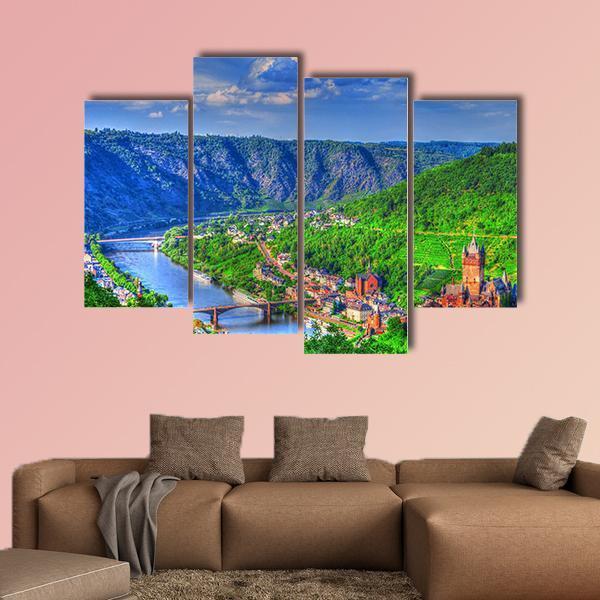 View Over Cochem On The Moselle In Germany Canvas Wall Art-4 Pop-Gallery Wrap-50" x 32"-Tiaracle