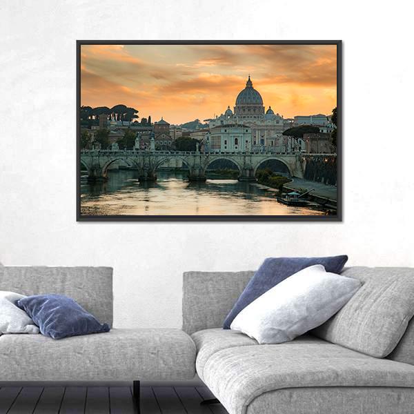 View To Bridge And Vatican City At Sunset Canvas Wall Art-3 Horizontal-Gallery Wrap-25" x 16"-Tiaracle