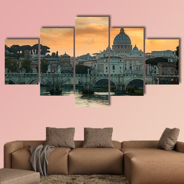 View To Bridge And Vatican City At Sunset Canvas Wall Art-5 Star-Gallery Wrap-62" x 32"-Tiaracle
