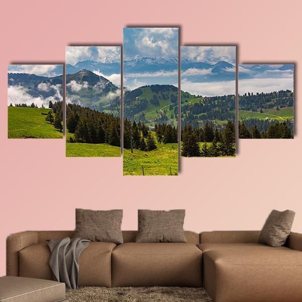 View To Swiss Alps From Rigi Kulm In Switzerland Canvas Wall Art-5 Star-Gallery Wrap-62" x 32"-Tiaracle