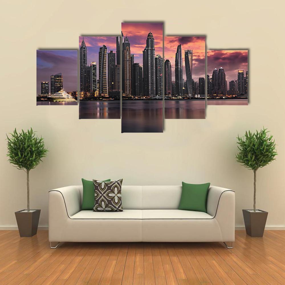 View To The Dubai Marina Disstrict Canvas Wall Art-5 Star-Gallery Wrap-62" x 32"-Tiaracle