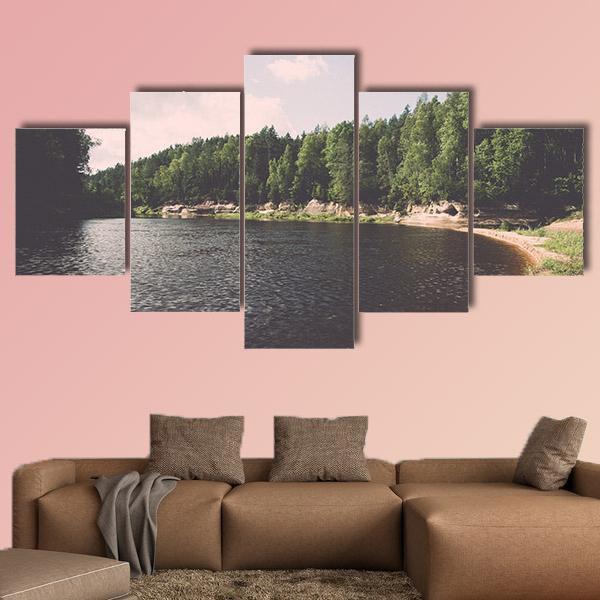 View To The Mountain River In Summer Canvas Wall Art-5 Star-Gallery Wrap-62" x 32"-Tiaracle