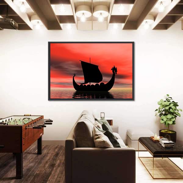 Viking Ship At Sundown Canvas Wall Art-5 Horizontal-Gallery Wrap-22" x 12"-Tiaracle