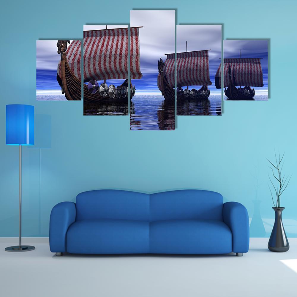 Viking Ships Canvas Wall Art-5 Star-Gallery Wrap-62" x 32"-Tiaracle