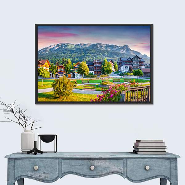Village Archkogl In Morning Mist Canvas Wall Art-1 Piece-Floating Frame-24" x 16"-Tiaracle