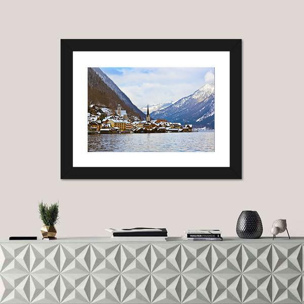 Village Hallstatt On The Lake Hallstatter At Winter Canvas Wall Art-1 Piece-Framed Print-20" x 16"-Tiaracle