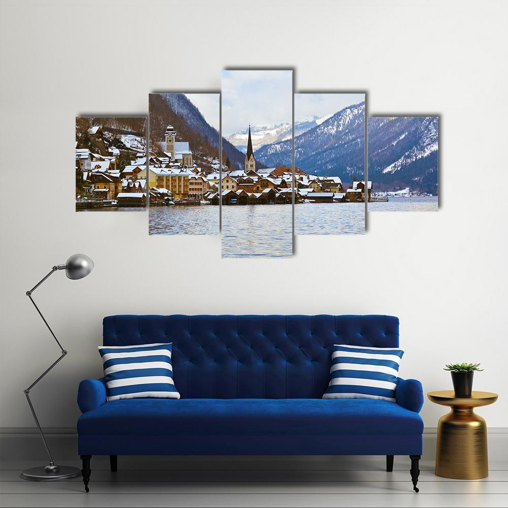 Village Hallstatt On The Lake Hallstatter At Winter Canvas Wall Art-5 Star-Gallery Wrap-62" x 32"-Tiaracle