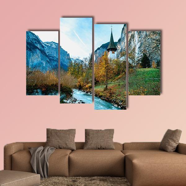 Village Of Lauterbrunnen In Swiss Alps Canvas Wall Art-4 Pop-Gallery Wrap-50" x 32"-Tiaracle
