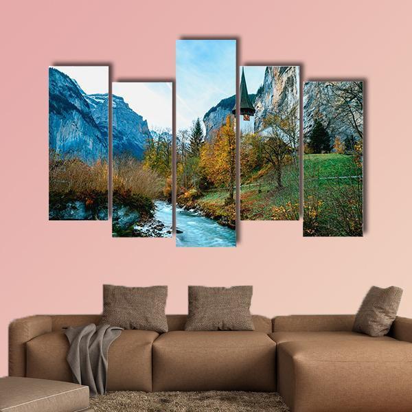 Village Of Lauterbrunnen In Swiss Alps Canvas Wall Art-5 Pop-Gallery Wrap-47" x 32"-Tiaracle