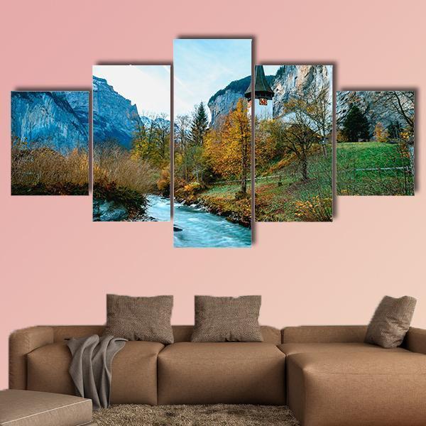 Village Of Lauterbrunnen In Swiss Alps Canvas Wall Art-5 Star-Gallery Wrap-62" x 32"-Tiaracle