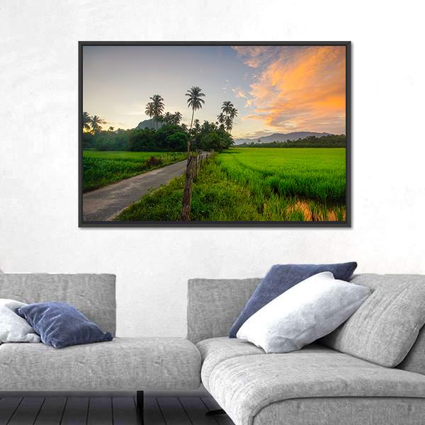 Village Scenery With Paddy field During Sunrise Canvas Wall Art-3 Horizontal-Gallery Wrap-25" x 16"-Tiaracle