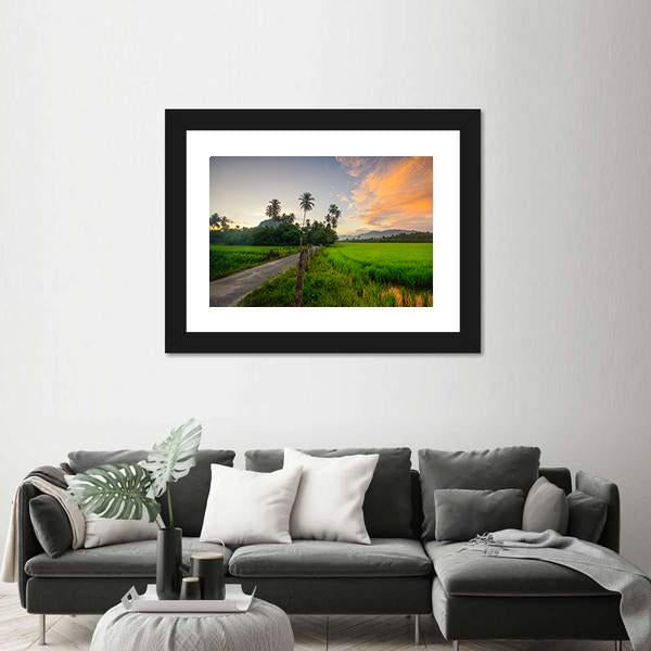 Village Scenery With Paddy field During Sunrise Canvas Wall Art-3 Horizontal-Gallery Wrap-25" x 16"-Tiaracle