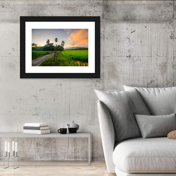 Village Scenery With Paddy field During Sunrise Canvas Wall Art-3 Horizontal-Gallery Wrap-25" x 16"-Tiaracle