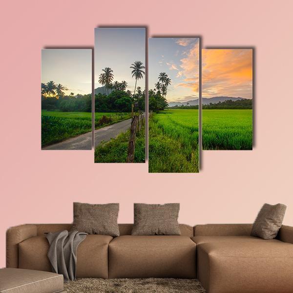 Village Scenery With Paddy field During Sunrise Canvas Wall Art-4 Pop-Gallery Wrap-50" x 32"-Tiaracle