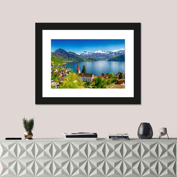 Village Wegis With Lake Lucerne And Pilatus Mountain Canvas Wall Art-1 Piece-Framed Print-20" x 16"-Tiaracle