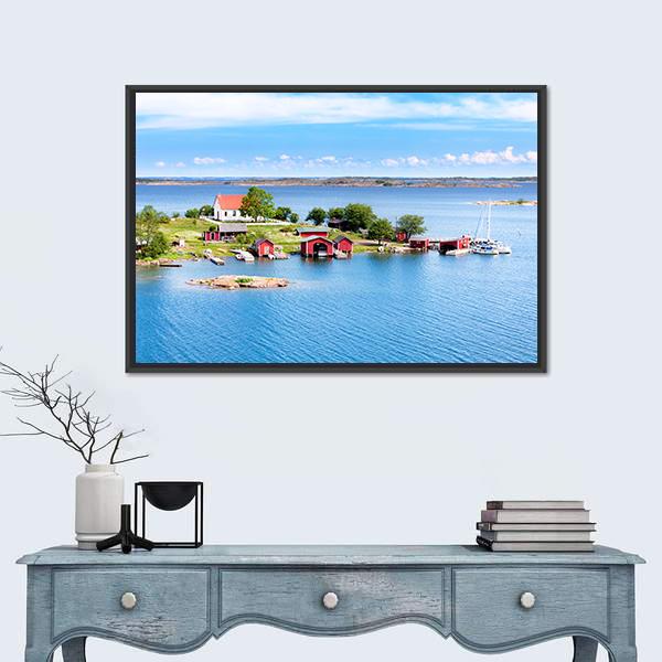 Village With Red Buildings In Finnish Archipelago Canvas Wall Art-1 Piece-Floating Frame-24" x 16"-Tiaracle