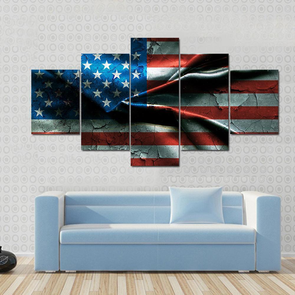Vintage American Flag Canvas Wall Art-5 Star-Gallery Wrap-62" x 32"-Tiaracle