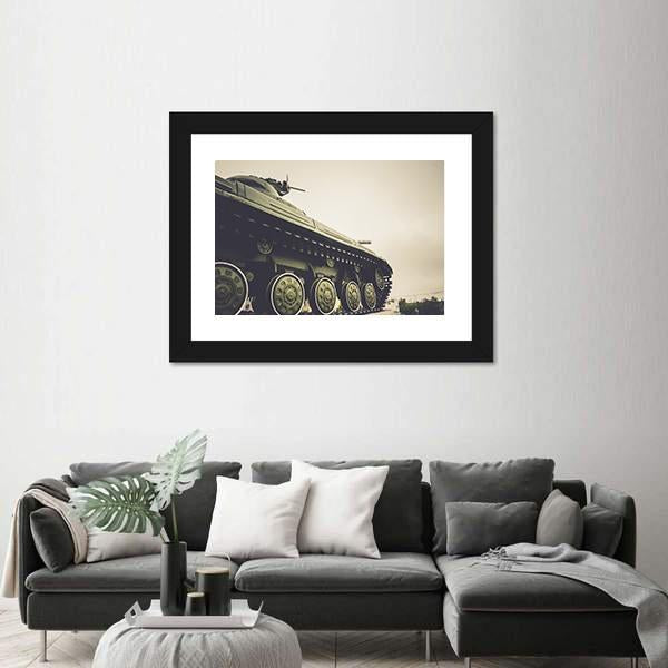 Vintage Military Tank In Fog Canvas Wall Art-3 Horizontal-Gallery Wrap-25" x 16"-Tiaracle