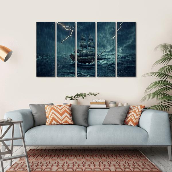 Ship In Stormy Night Canvas Wall Art-5 Horizontal-Gallery Wrap-22" x 12"-Tiaracle