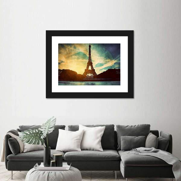 Vintage Retro Style Of Eiffel Tower Paris France Canvas Wall Art-3 Horizontal-Gallery Wrap-25" x 16"-Tiaracle