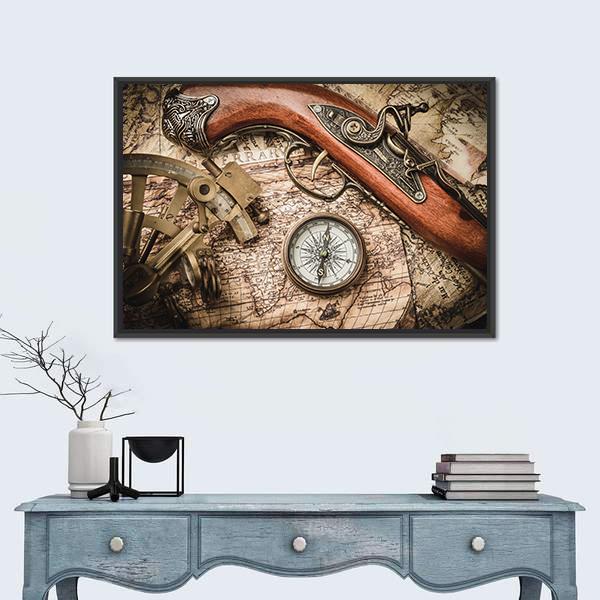 Vintage Still Life With Compass Sextant And Spyglass Canvas Wall Art-1 Piece-Floating Frame-24" x 16"-Tiaracle