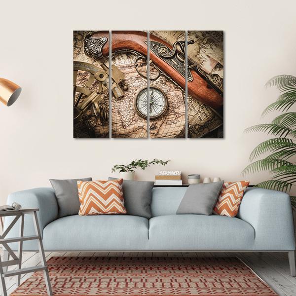 Vintage Still Life With Compass Sextant And Spyglass Canvas Wall Art-4 Horizontal-Gallery Wrap-34" x 24"-Tiaracle