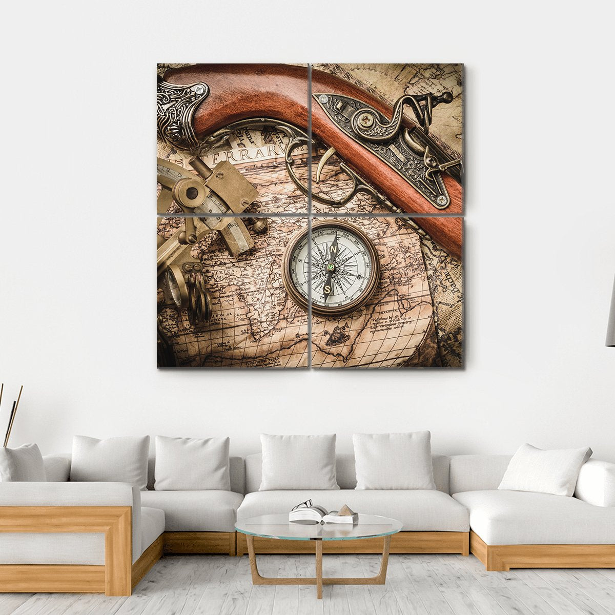 Vintage Still Life With Compass Sextant And Spyglass Canvas Wall Art-4 Square-Gallery Wrap-17" x 17"-Tiaracle