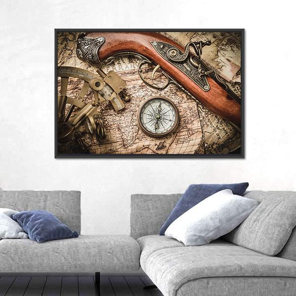 Vintage Still Life With Compass Sextant And Spyglass Canvas Wall Art-3 Horizontal-Gallery Wrap-25" x 16"-Tiaracle