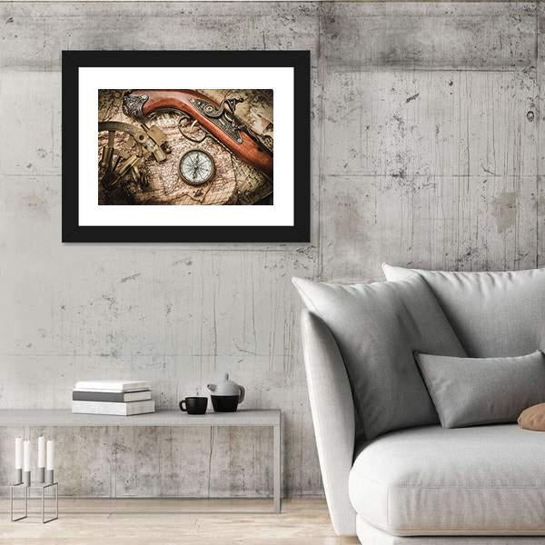 Vintage Still Life With Compass Sextant And Spyglass Canvas Wall Art-5 Horizontal-Gallery Wrap-22" x 12"-Tiaracle