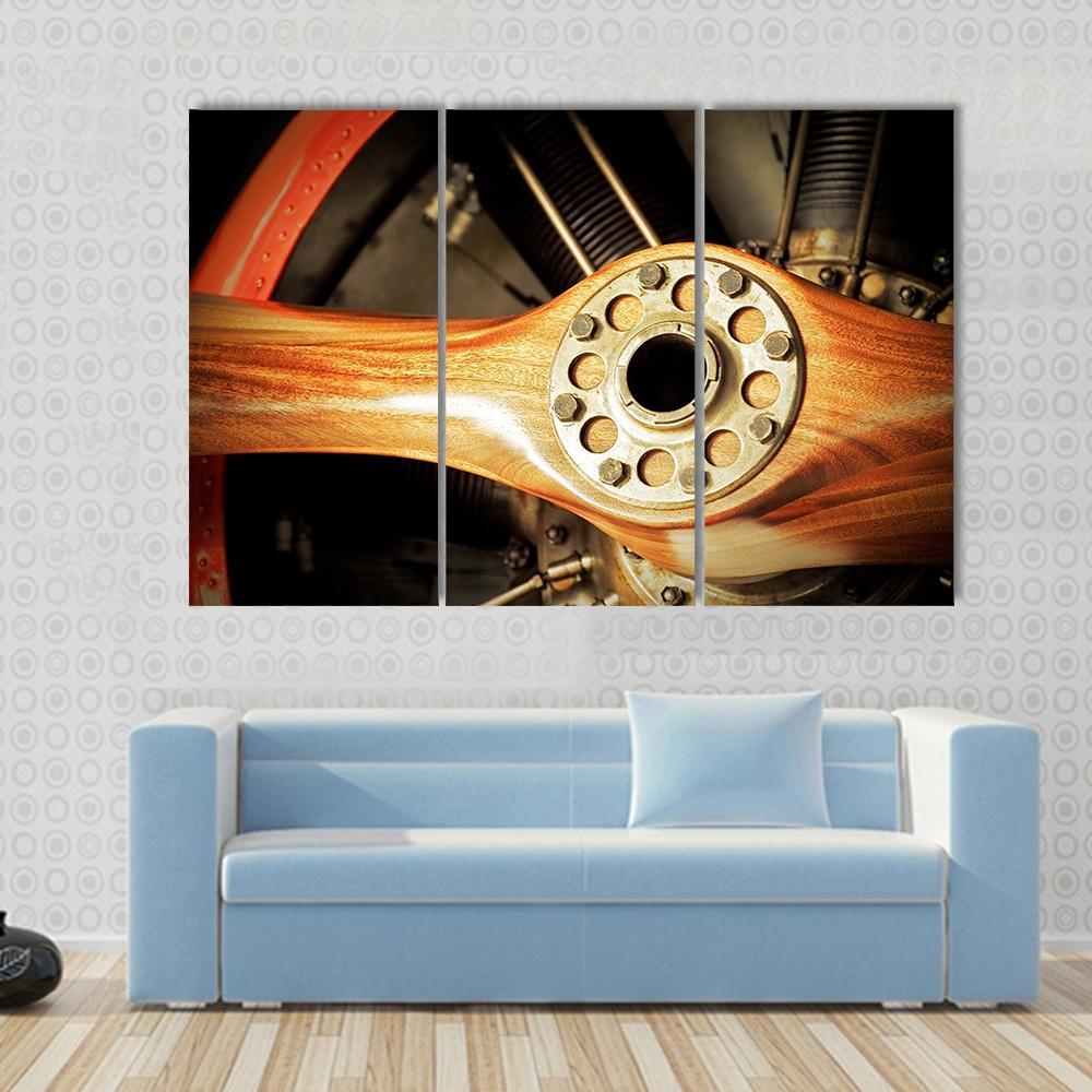 Vintage Wooden Aircraft Propeller And Engine Cylinders Canvas Wall Art-3 Horizontal-Gallery Wrap-37" x 24"-Tiaracle