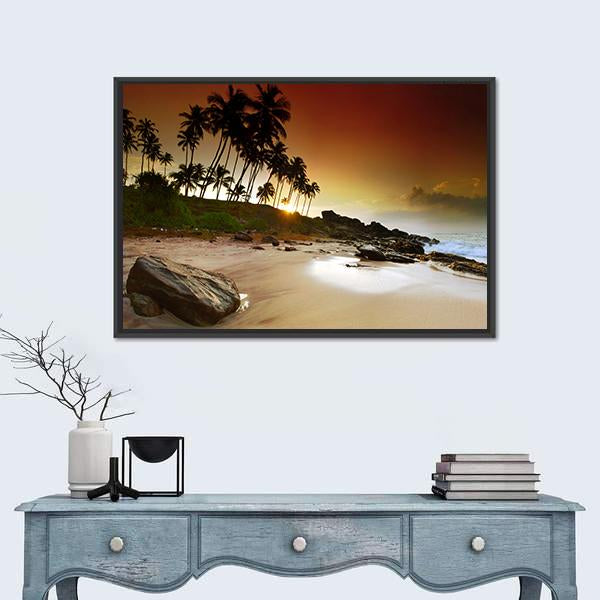 Vivid Sunrise Under The Coconut Palms On Sri Lanka Beach Canvas Wall Art-1 Piece-Floating Frame-36" x 24"-Tiaracle