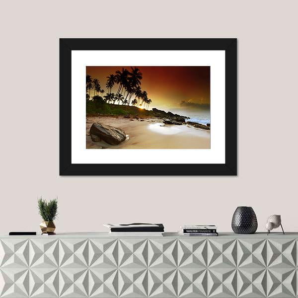 Vivid Sunrise Under The Coconut Palms On Sri Lanka Beach Canvas Wall Art-1 Piece-Framed Print-20" x 16"-Tiaracle