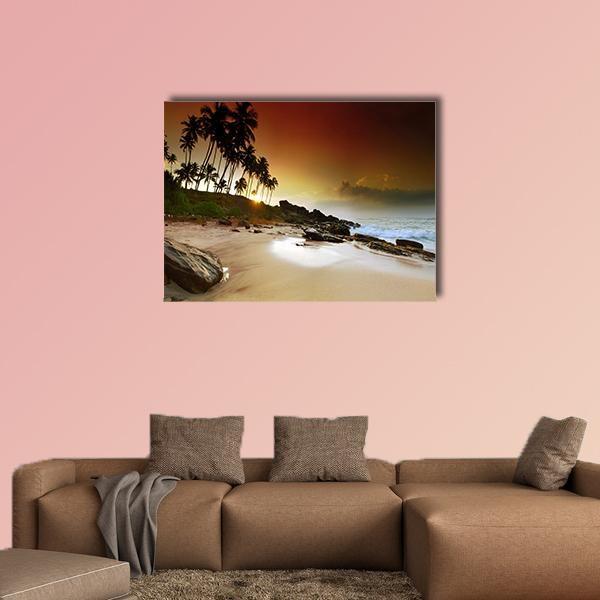 Vivid Sunrise Under The Coconut Palms On Sri Lanka Beach Canvas Wall Art-1 Piece-Gallery Wrap-48" x 32"-Tiaracle