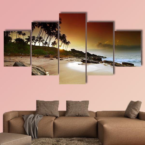 Vivid Sunrise Under The Coconut Palms On Sri Lanka Beach Canvas Wall Art-5 Star-Gallery Wrap-62" x 32"-Tiaracle