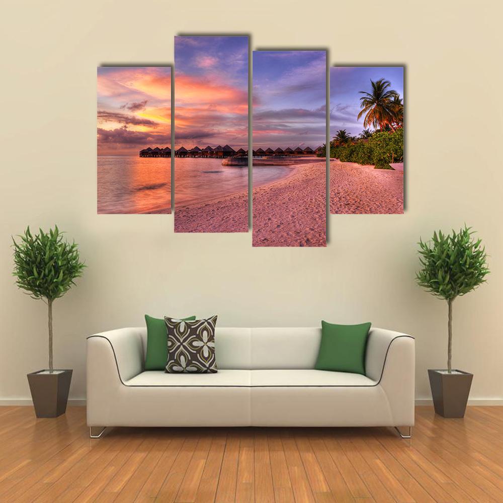 Vivid Sunset Over Beach Canvas Wall Art-4 Pop-Gallery Wrap-50" x 32"-Tiaracle