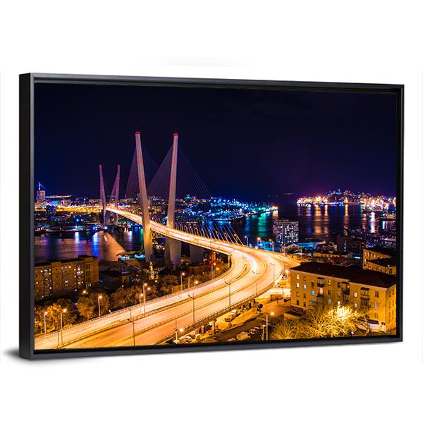 Vladivostok Hali Bridge At Night Canvas Wall Art-3 Horizontal-Gallery Wrap-25" x 16"-Tiaracle