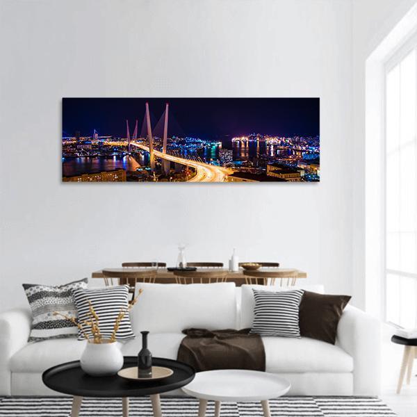 Vladivostok Hali Bridge At Night Panoramic Canvas Wall Art-1 Piece-36" x 12"-Tiaracle