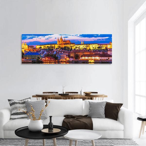 Vltava River And St Vitus Cathedral In Prague Panoramic Canvas Wall Art-1 Piece-36" x 12"-Tiaracle
