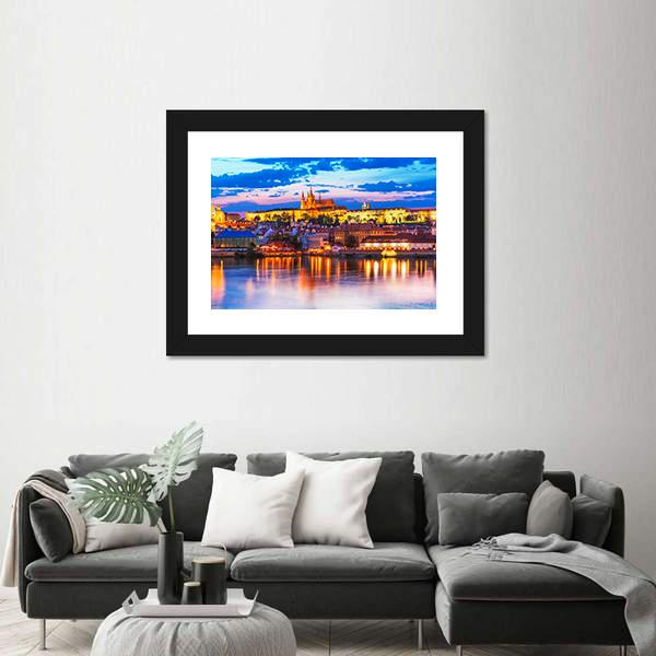 Vltava River And St Vitus Cathedral In Prague Panoramic Canvas Wall Art-1 Piece-36" x 12"-Tiaracle