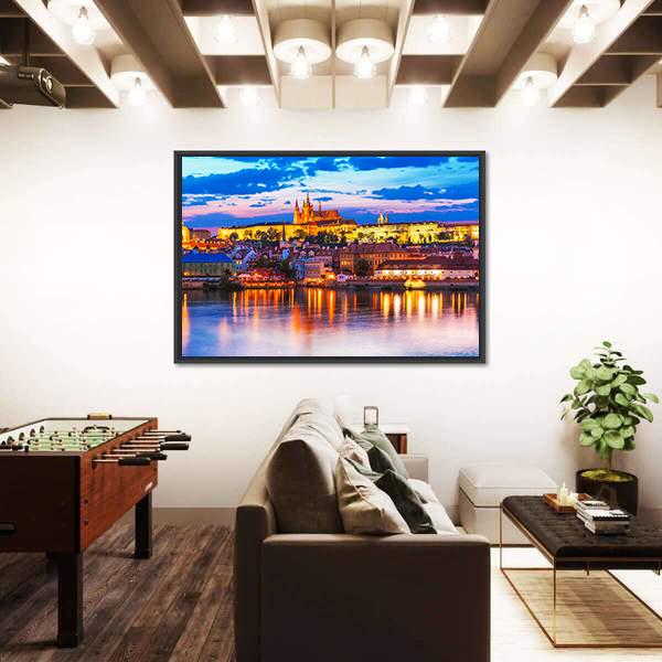 Vltava River And St Vitus Cathedral In Prague Panoramic Canvas Wall Art-1 Piece-36" x 12"-Tiaracle