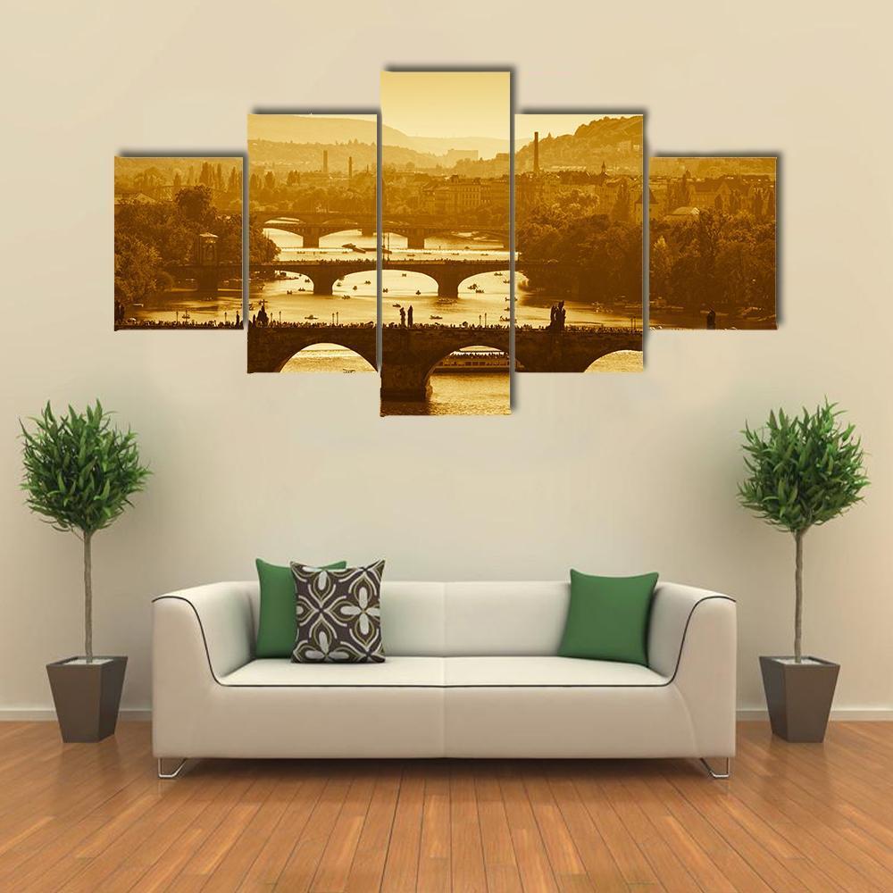 Vltava River Prague Canvas Wall Art-5 Star-Gallery Wrap-62" x 32"-Tiaracle